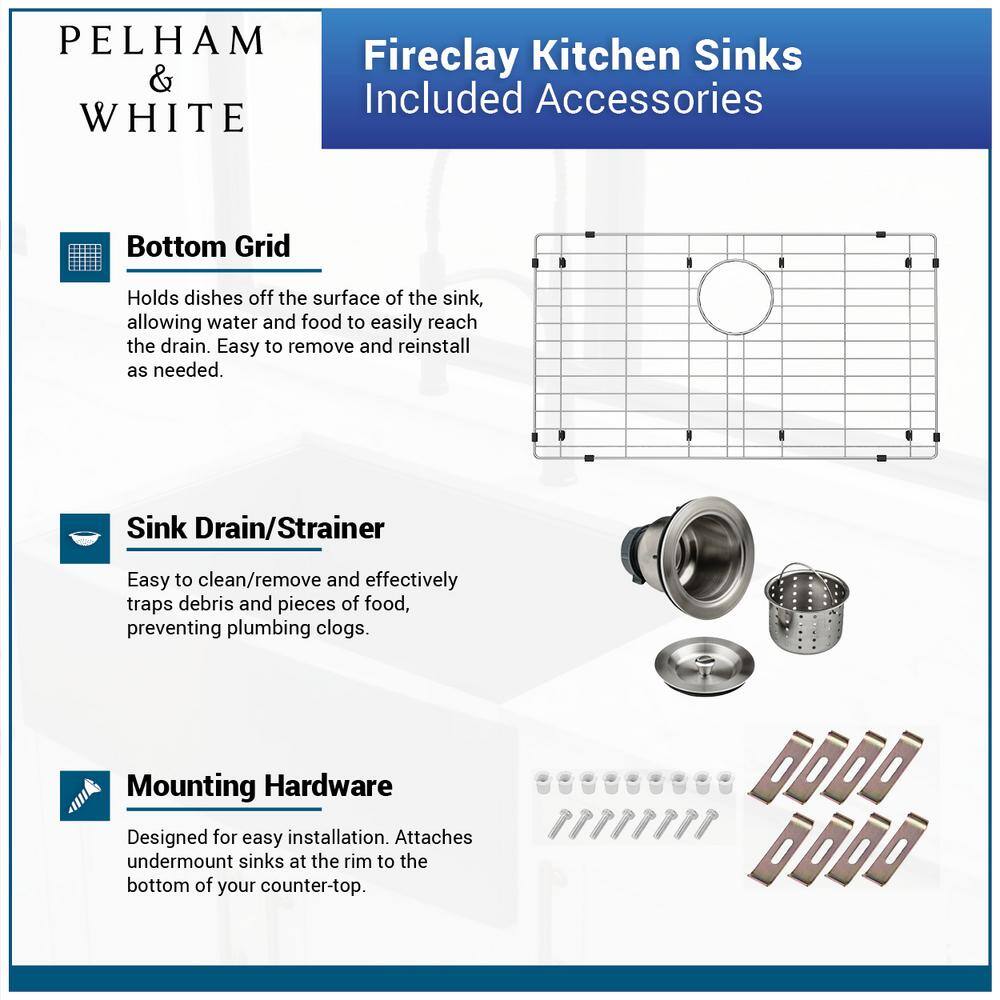 PELHAM  WHITE Kingsbridge Fireclay 32 .5 in. Single Bowl Undermount Kitchen Sink with Farmhouse Faucet Bottom Grid Drain PWS531-C