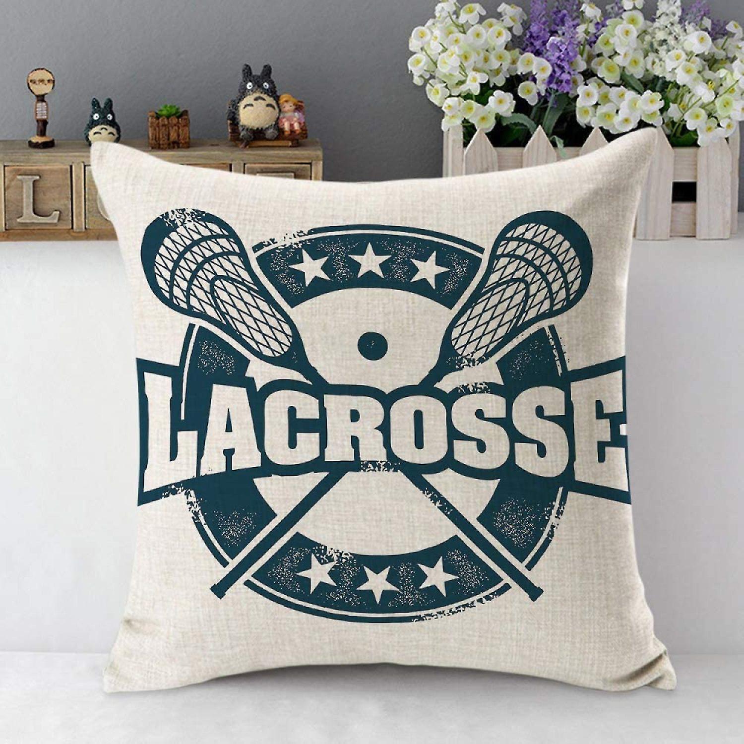 Lacrosse Throw Pillow Vintage Stamp Pattern Helmet Lacrosse Sticks Star Navy Blue Cotton Linen Square Cushion Cover Standard Pillowcase 18x18 Inch For