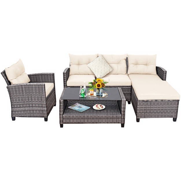 Tangkula 4pcs Rattan Patio Conversation Furniture Set Outdoor Sectional Sofa Set White