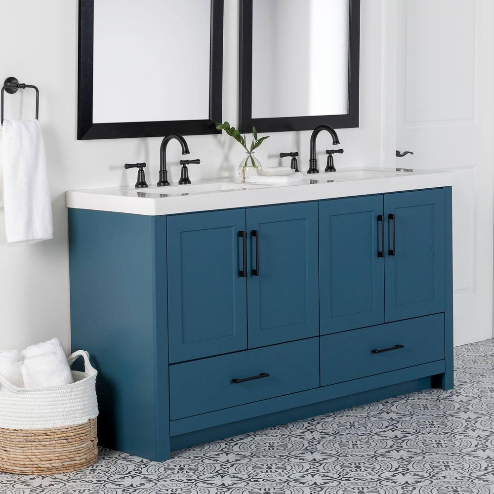 Home Decorators Collection Radien 60.5 in. W x 18.75 in. D x 34.14 in. H Bath Vanity in Admiral Blue with White Cultured Marble Top RN60P2-AE