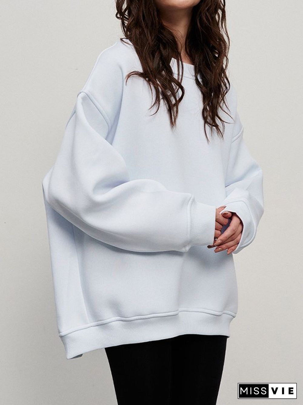 Long Sleeves Loose Solid Color Round-Neck Sweatshirt Tops