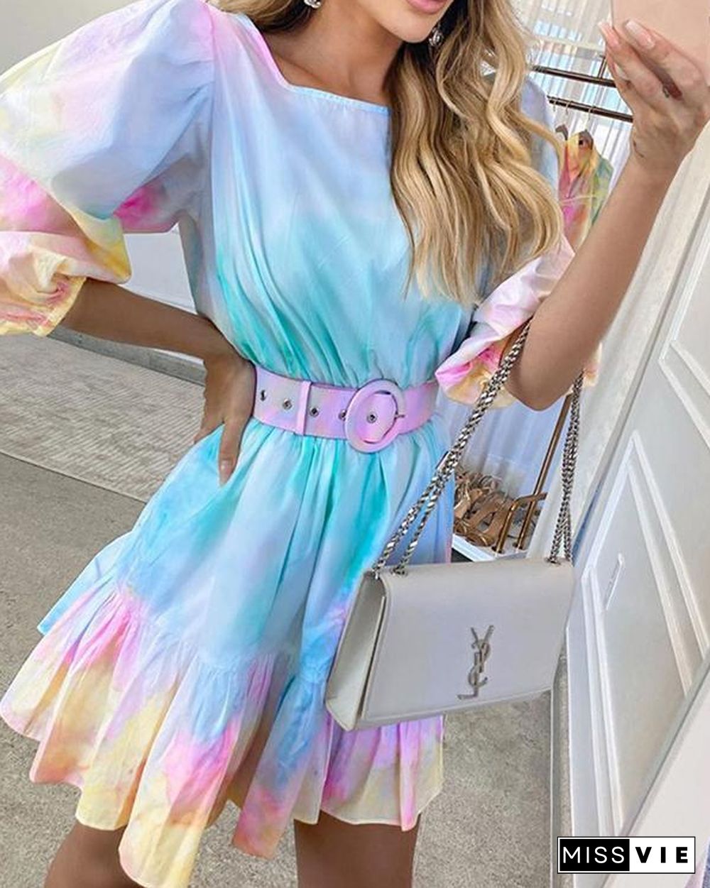 Tie Dye Print Puff Sleeve Round Neck Summer Dress