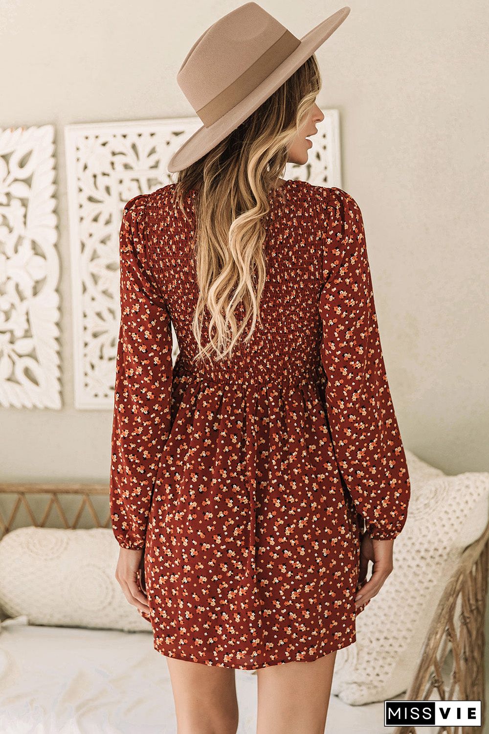 Brown Floral Smocked Bodice Mini Dress