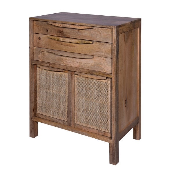 Ryan 40 Inch Cottage Mango Wood Dresser Storage Cabinet， 3 Drawers， Cane Rattan Panels Doors， Natural Brown - - 36148643