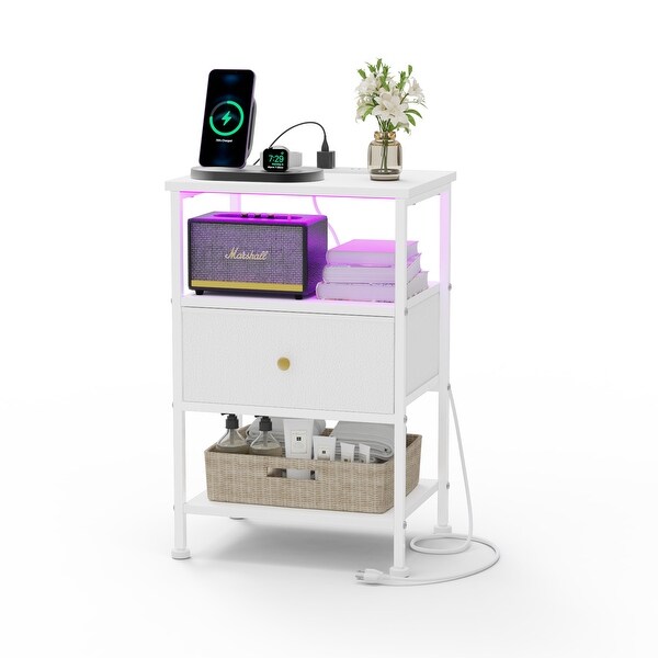 White Nightstand with Charging Station and LED Light for Bedroom Bedside with Adjustable Fabric Drawer 3Tier End Table