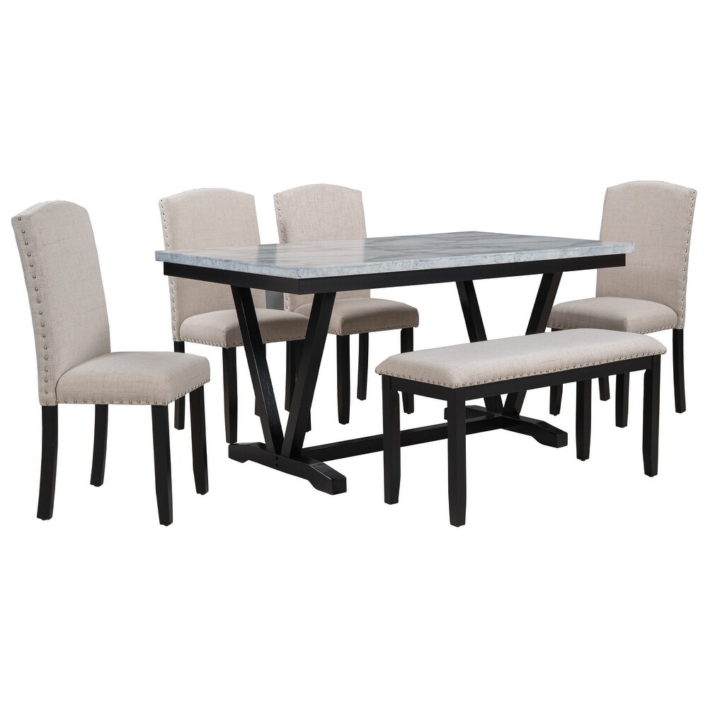 6 Piece Modern Dining Table Set with Chairs  Bench  V Shaped Table Leg