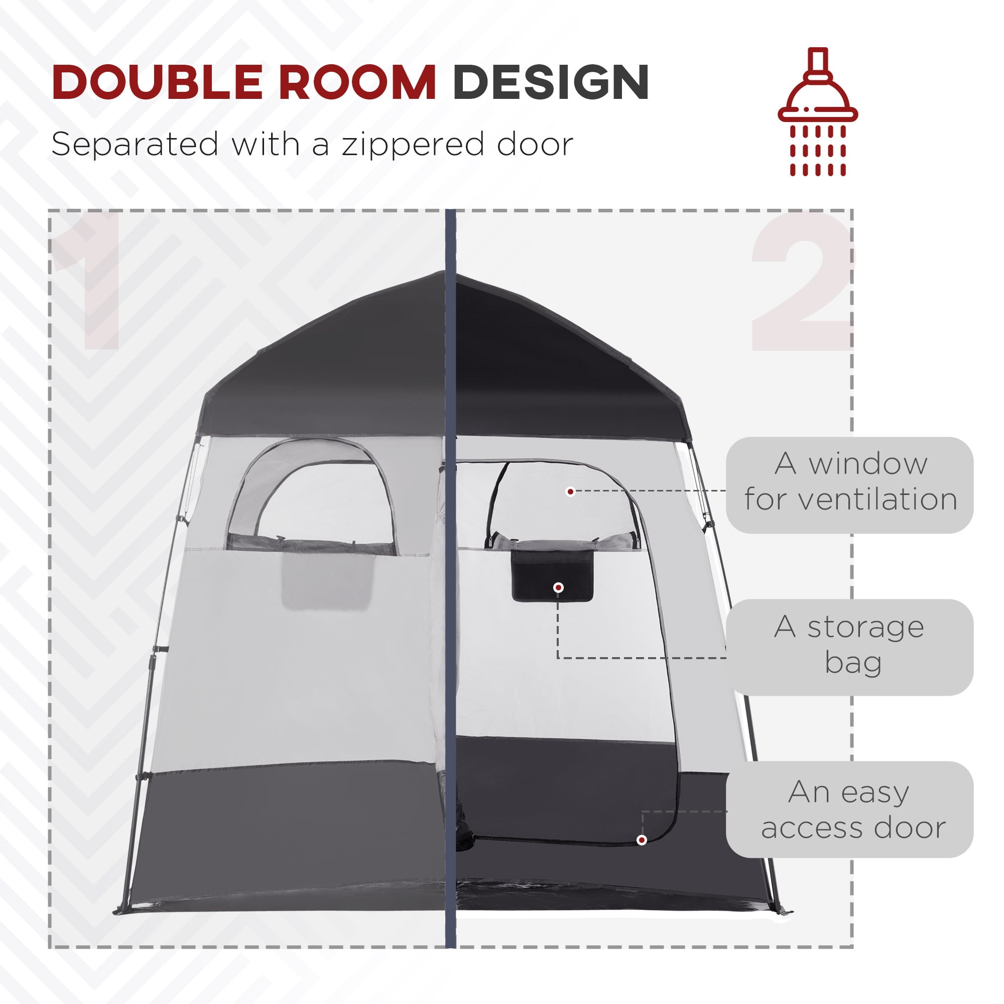 Outsunny Shower Tent, Pop Up Privacy Shelter for Camping, Dressing Changing Room, Portable Instant Outdoor Shower Tent Enclosure w/ 2 Rooms, Shower Bag, Floor and Carrying Bag, Black