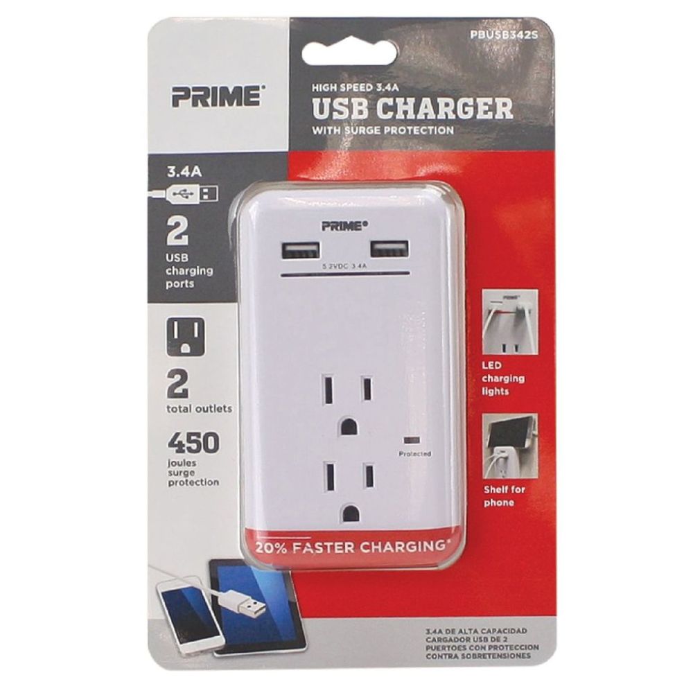 Prime 3 Prong 2 Outlet with 2 Port USB Charger