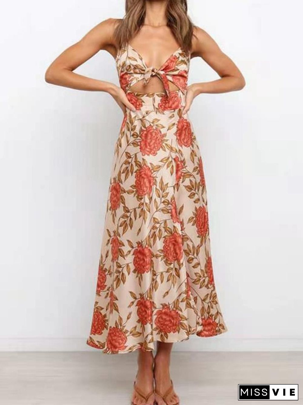 Floral Silky Front Slit Cut Out Tie Front Cami Dress