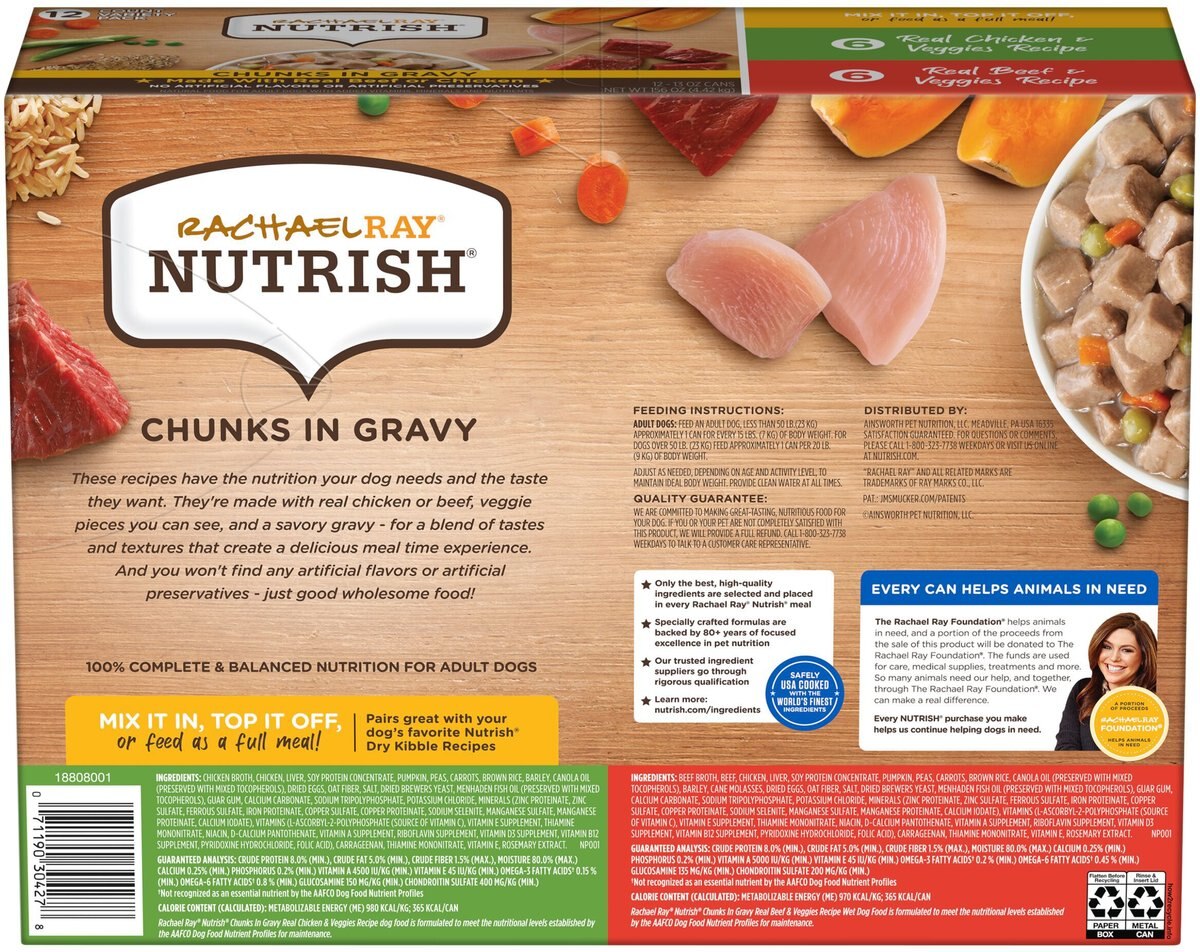 Rachael Ray Nutrish Chunks in Gravy Variety Pack Dog Wet Food， 13-oz can， 12 count