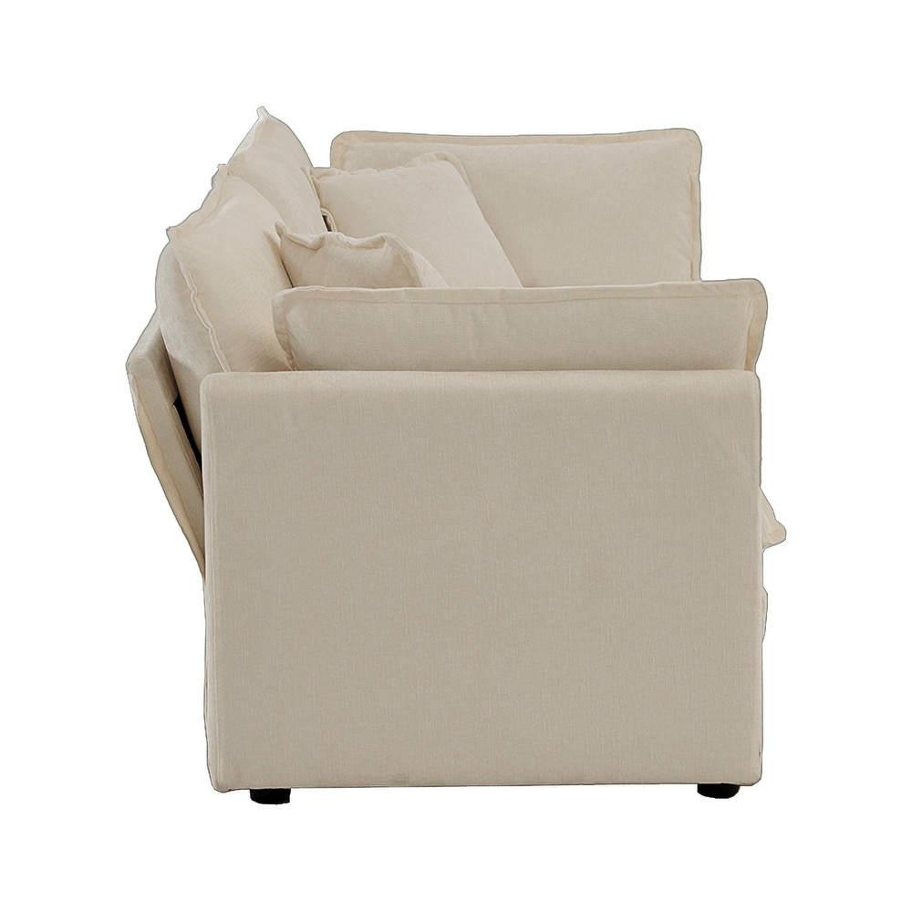 Chenille Recliner Loveseat 2 Seat Beige Accent Couch with 4 Pillows