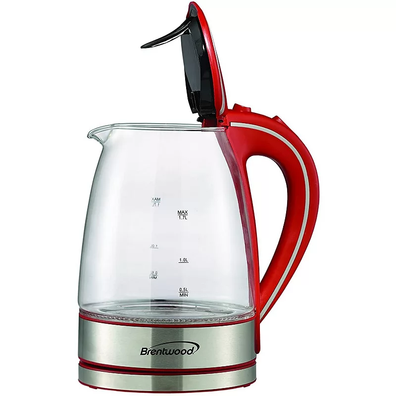 Brentwood KT-1900R 1100W 1.7 Liter Cordless Electric Glass Tea Kettle Pot， Red