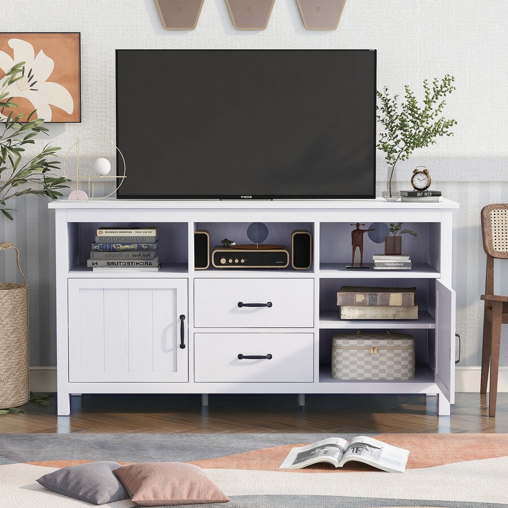 Classic Rustic Style TV Stand with 2 3 Tier Storage Cabinets with MDF Door at Both Sides   2 Drawers  TV Cabinet for Living Room