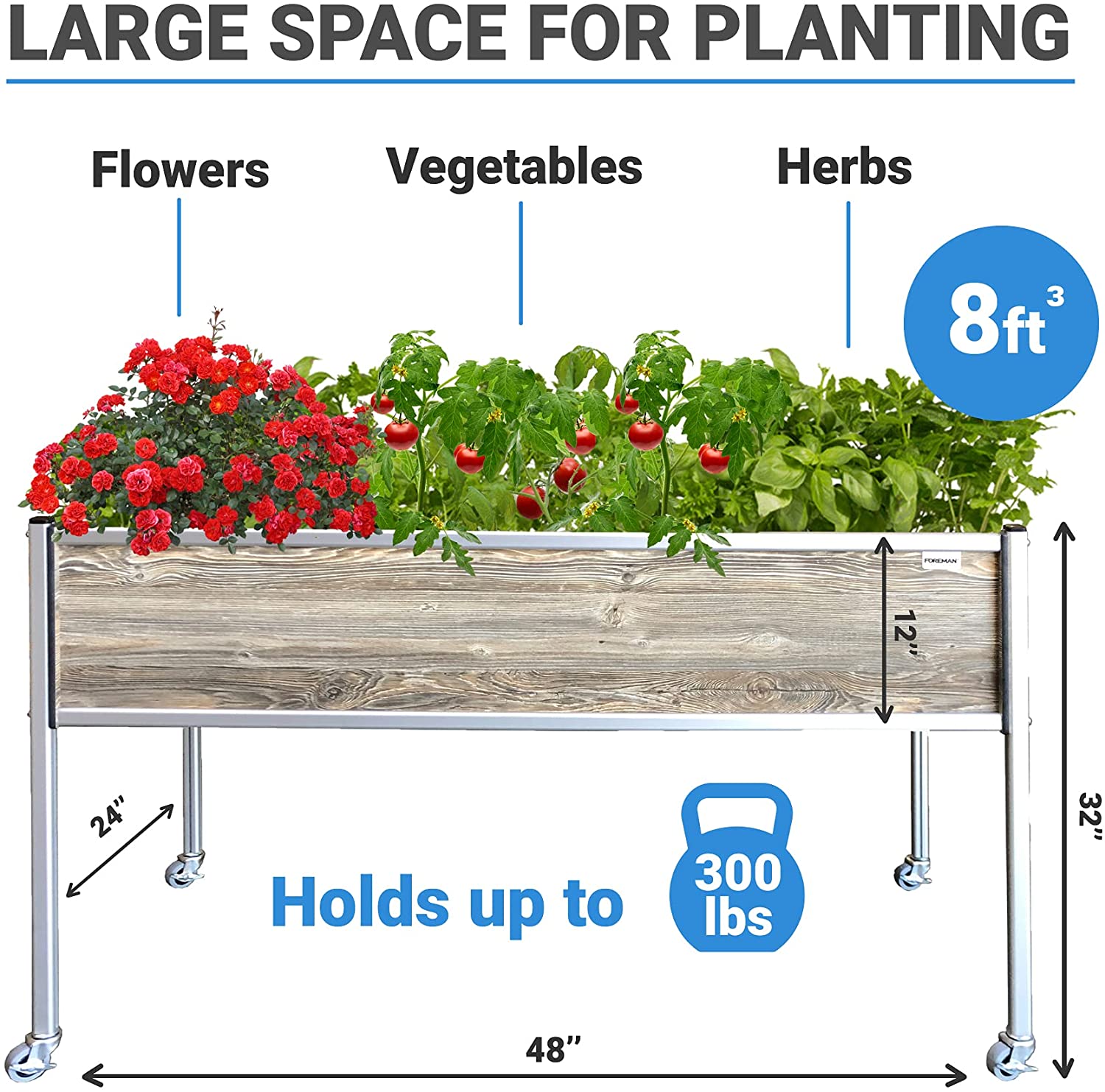 Foreman Raised Garden Bed Planter Box Kit 48" Lx24 Wx32 H 10 Year Warranty Premium HPL Plastic Wood Grain (Amaretto) Aluminum Legs Outdoor Indoor with Lockable Caster Wheels Made in The USA