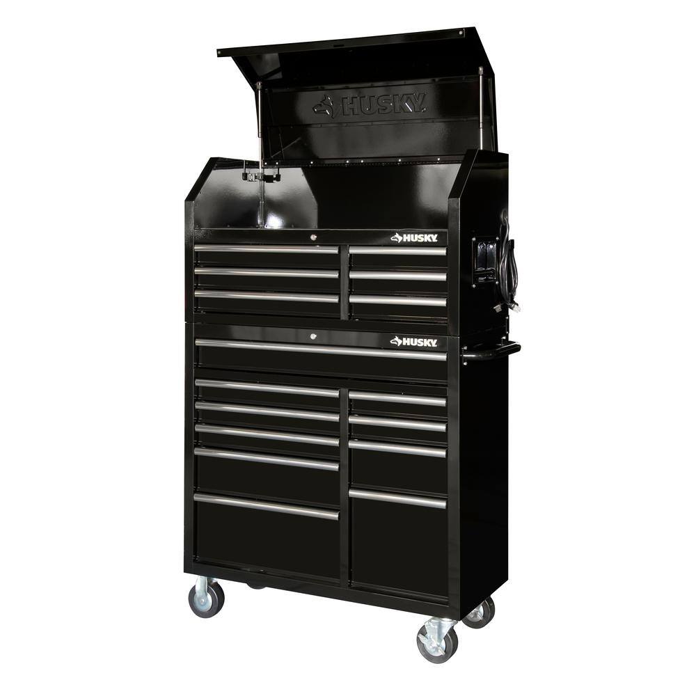 Husky 41 in. W x 24.5 in D Standard Duty 16-Drawer Combination Rolling Tool Chest and Top Tool Cabinet Set in Gloss Black HOTC4116B13S