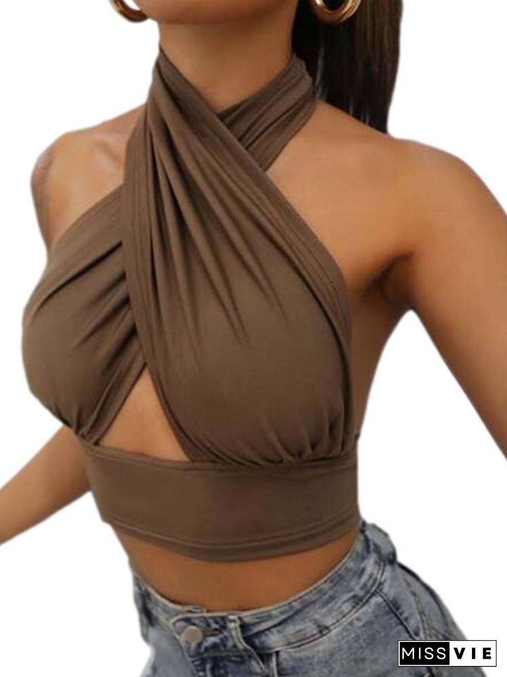 Women Summer Tank Tops Sexy Solid Color Cross Halter Neck Push Up Hollow Crop Tops New Fashion