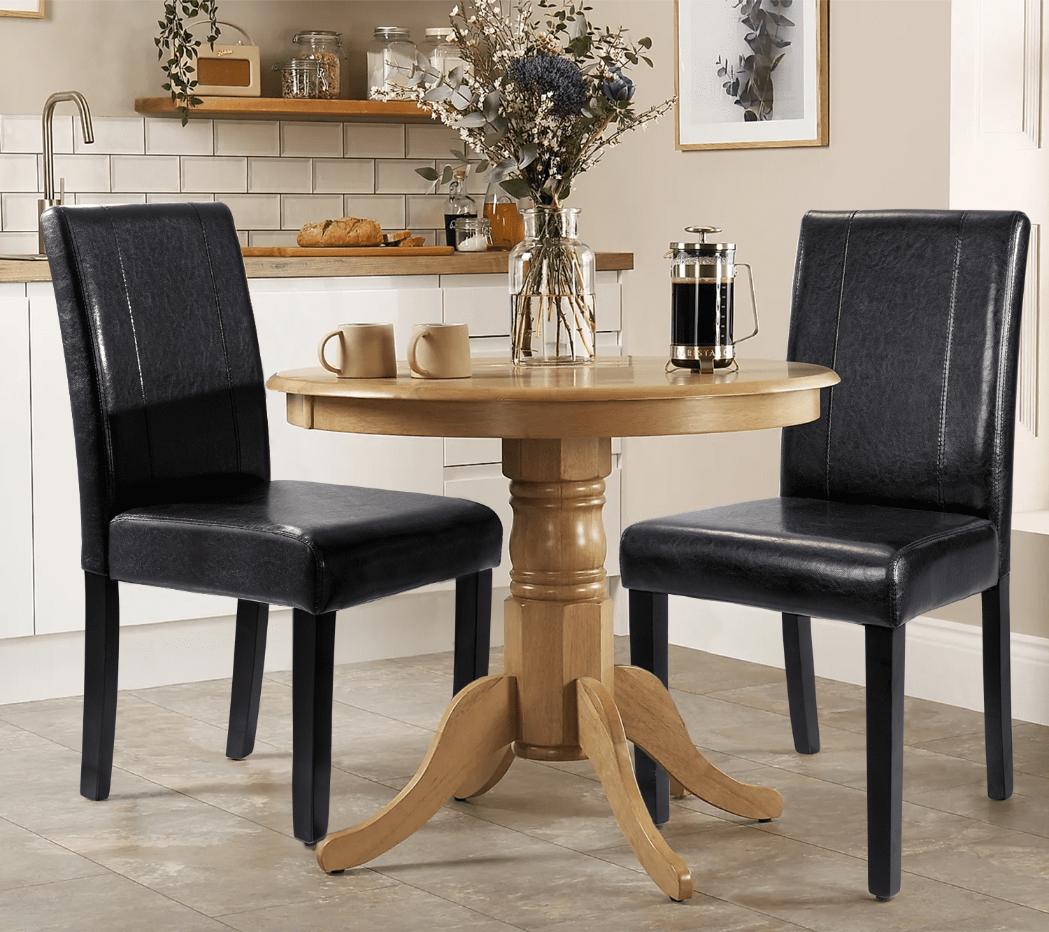 Lacoo Set of 4 Urban Style PU Leather Dining Chairs with Wood Legs， Black