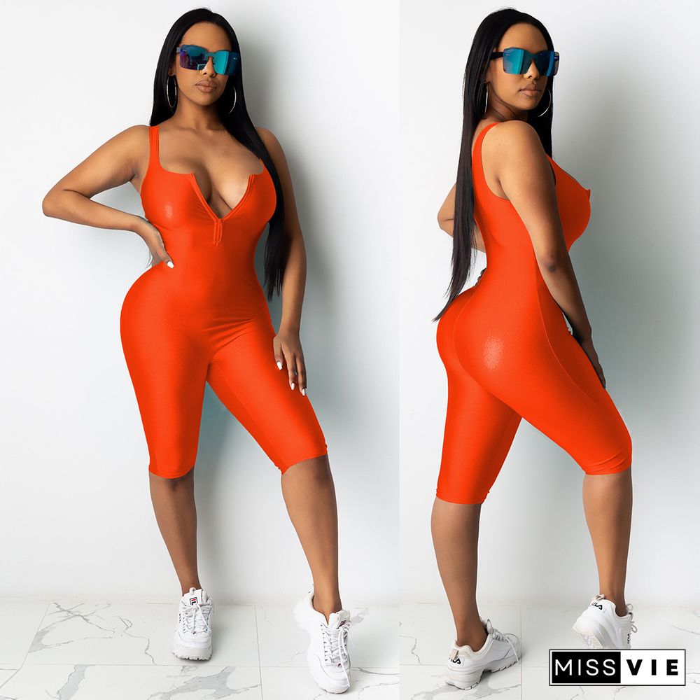 Sexy Solid-Color Front Zipper Midwaist-Hugging Romper