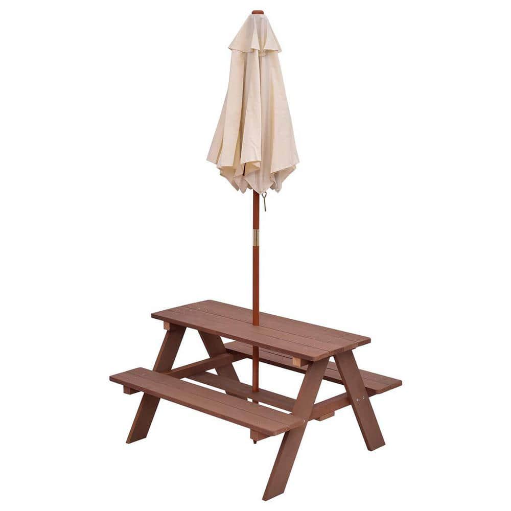 CASAINC Rectangular Wood Kids Picnic Table with Bench and Umbrella