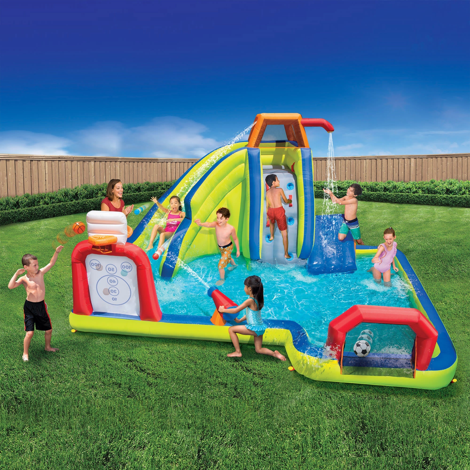 Banzai Inflatable Arcade Splash Water Park - Slide, Splash & Have a Blast! - SkeeBall Toss, Soccer & Basketball