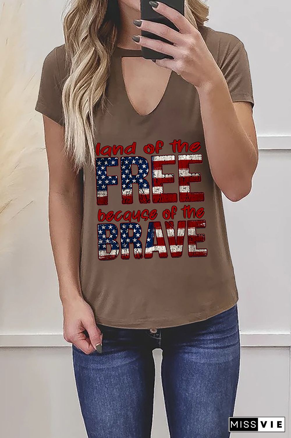 Land of the free because of the brave Graphic Tees for Women Wholesale Short Sleeve T shirts Top