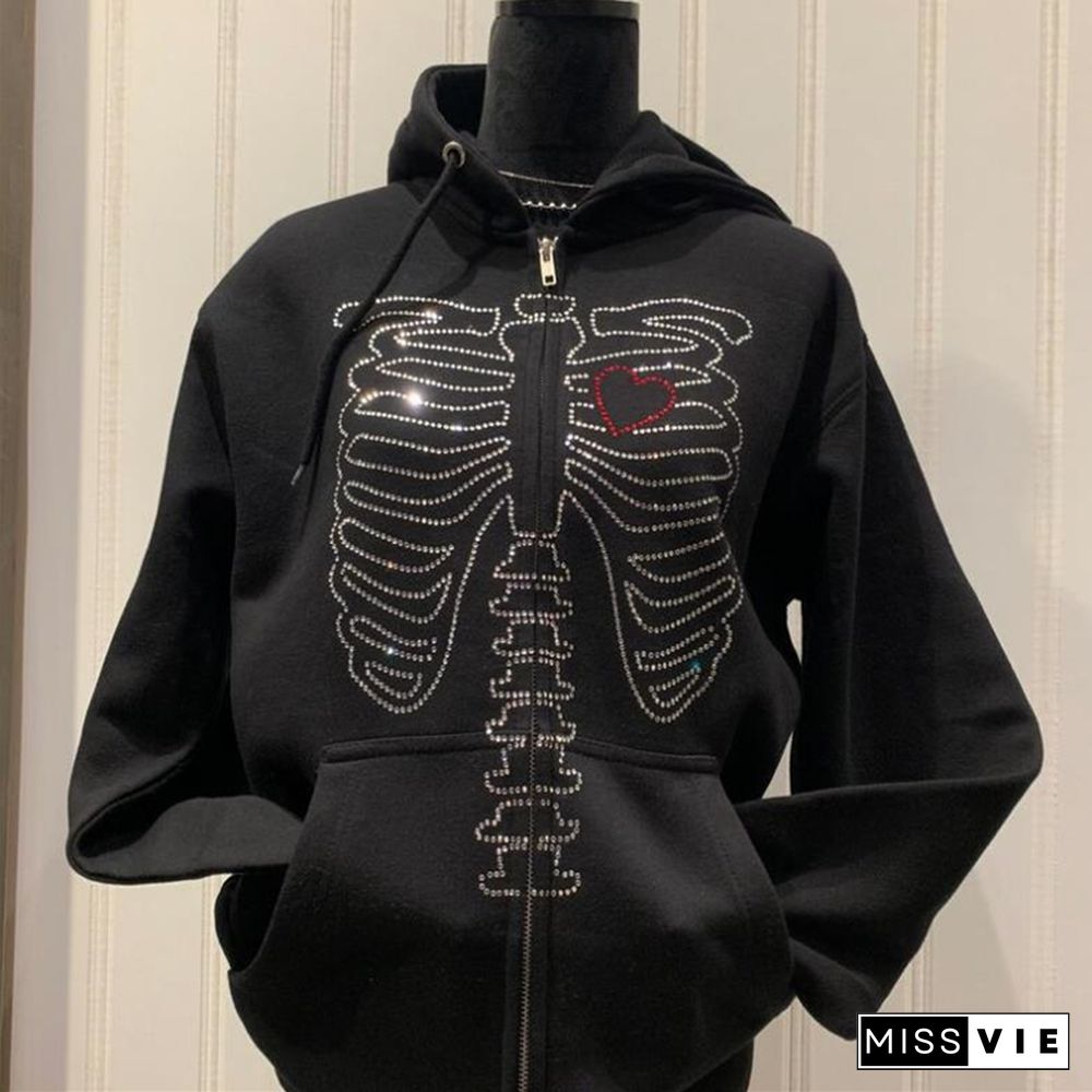 Rhinestone Skeleton Hooded Coat Gothic Punk Style Women Long Sleeve Tops With Poackets Y2k Jackets Streetwear