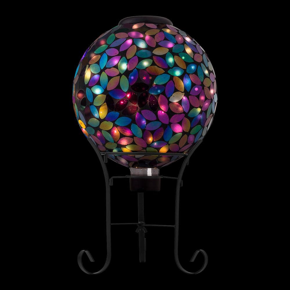 Alpine Corporation Outdoor Solar Powered Glass Mosaic Gazing Globe with Metal Stand Yard Decoration, Purple GRS122A-SLR