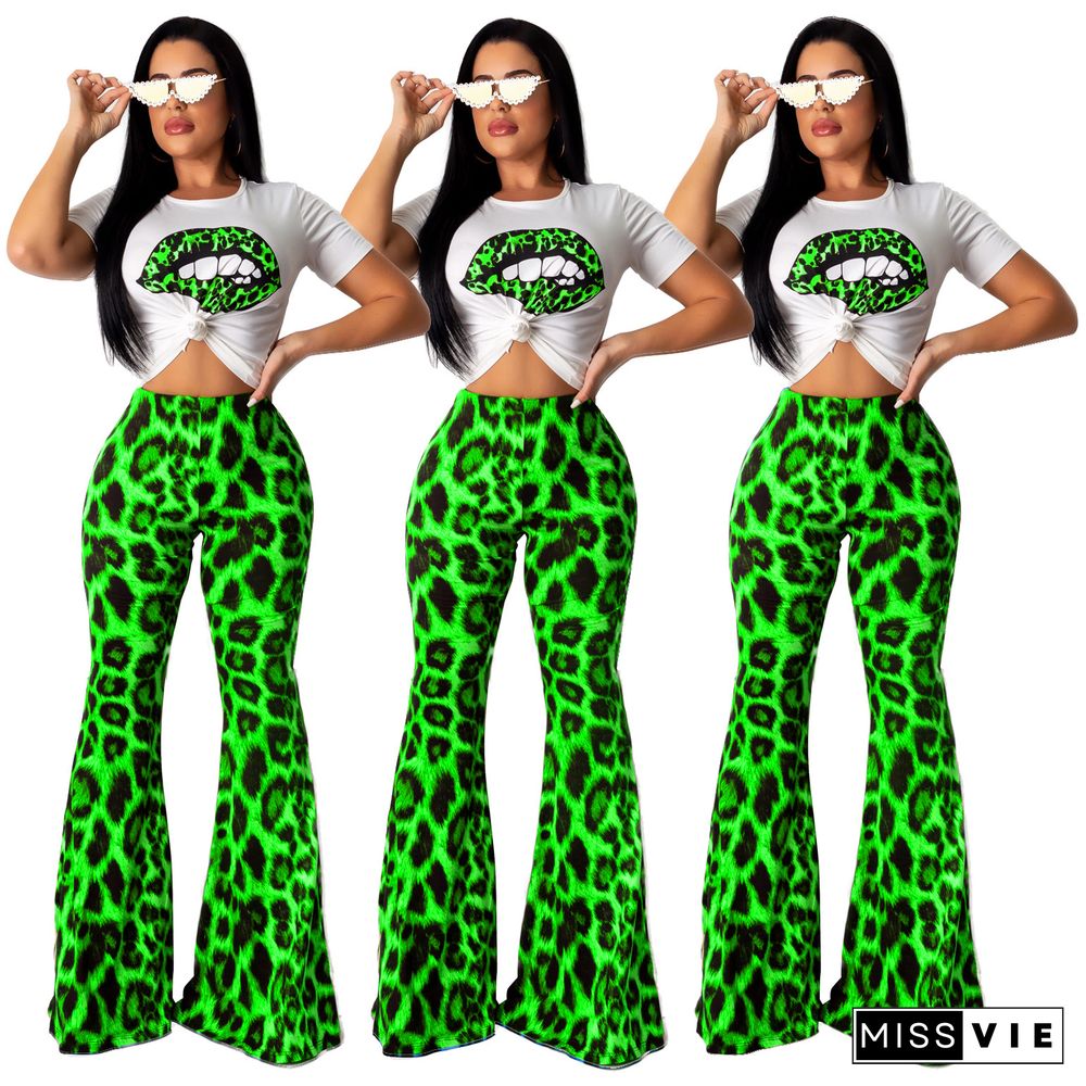 Women Casual Lip Print O-Neck Short Sleeve T-shirts High Waist Leopard Flared Long Pants 2 Piece Set