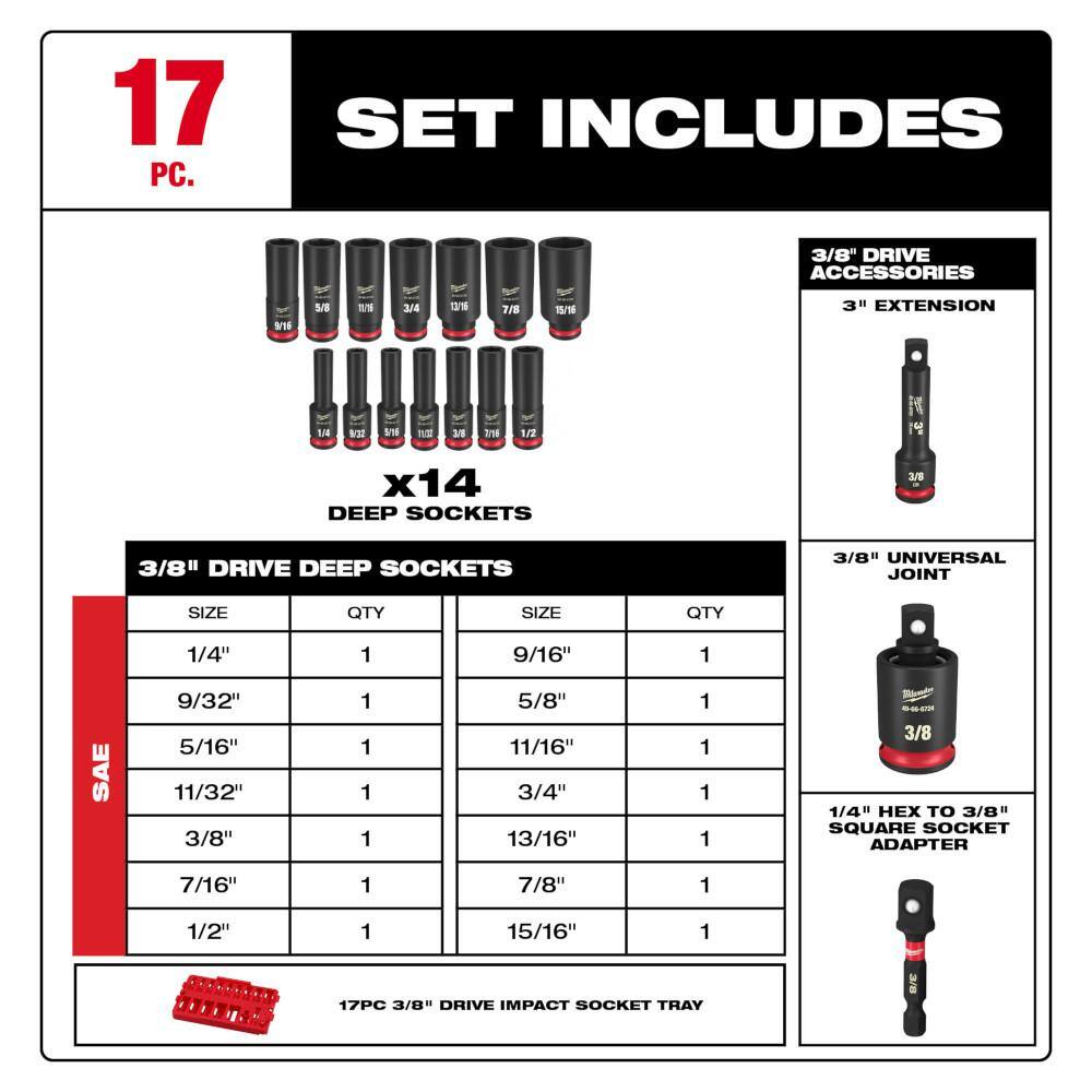 MW SHOCKWAVE Impact-Duty 38 in. Drive SAE Deep Well Impact Socket Set (17-Piece) 49-66-6815