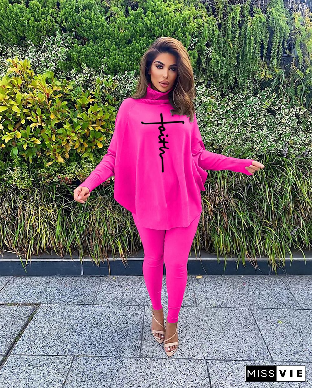 Letter Print Bat Sleeve Slit Long-sleeved Threaded Pants Suit