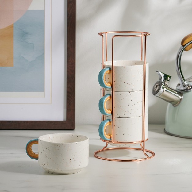 Pinky Up Arc Mugs Stacking Speckled Ceramic Coffee Cups With Cute Rainbow Handles And Rose Gold Metal Stand 10 Oz Set Of 4 Beige