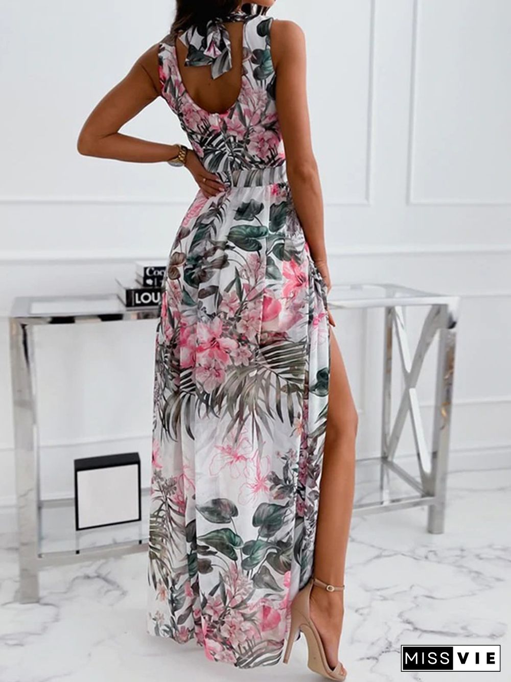 Women's Sleeveless V Neck Sexy Maxi Slip Dress Summer Spaghetti Strap Party Dress Fashion Floral Print Slit Beach Holiday Dress