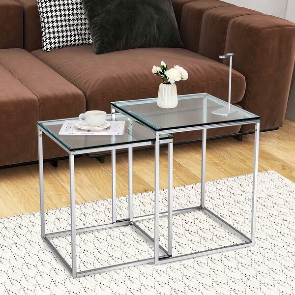 Costway 2pcs Nesting Coffee End Corner Side Table Tempered Glass Top - See Details