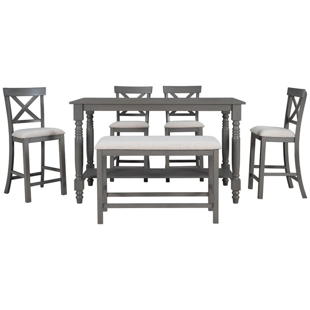 6 Piece Dining Table Set  Counter Height Table with 4 Upholstered Chairs and Bench for Dining Room Kitchen Breakfast Nook