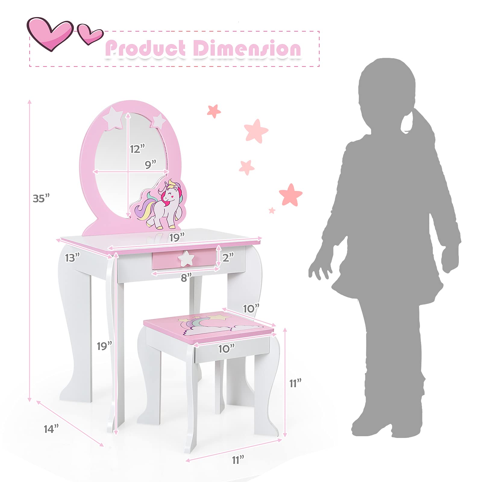 Costzon Kids Vanity Set with Mirror, 2 in 1 Wooden Princess Makeup Dressing Table with Detachable Top