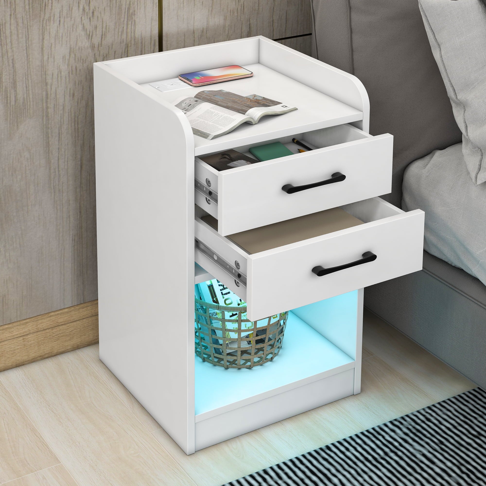 Docooler Nightstand with 2 Drawers and Cabinet,USB Charging Ports,Wireless Charging and Remote Control LED Light-White