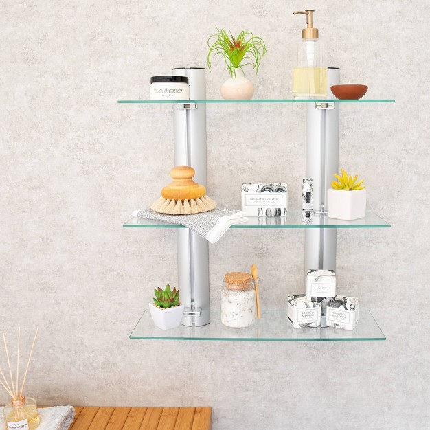 3 Tier Wall Mount Adjustable Glass Shelving Unit With Aluminum Bars Danya B