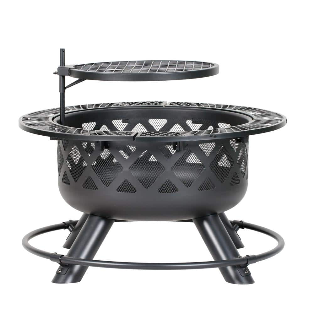 HeatMaxx Outdoor Wood Burning Fire Pit Backyard with Cooking Grill， 32 in. Black， Mini Ranch Fire Pit SRFP9624