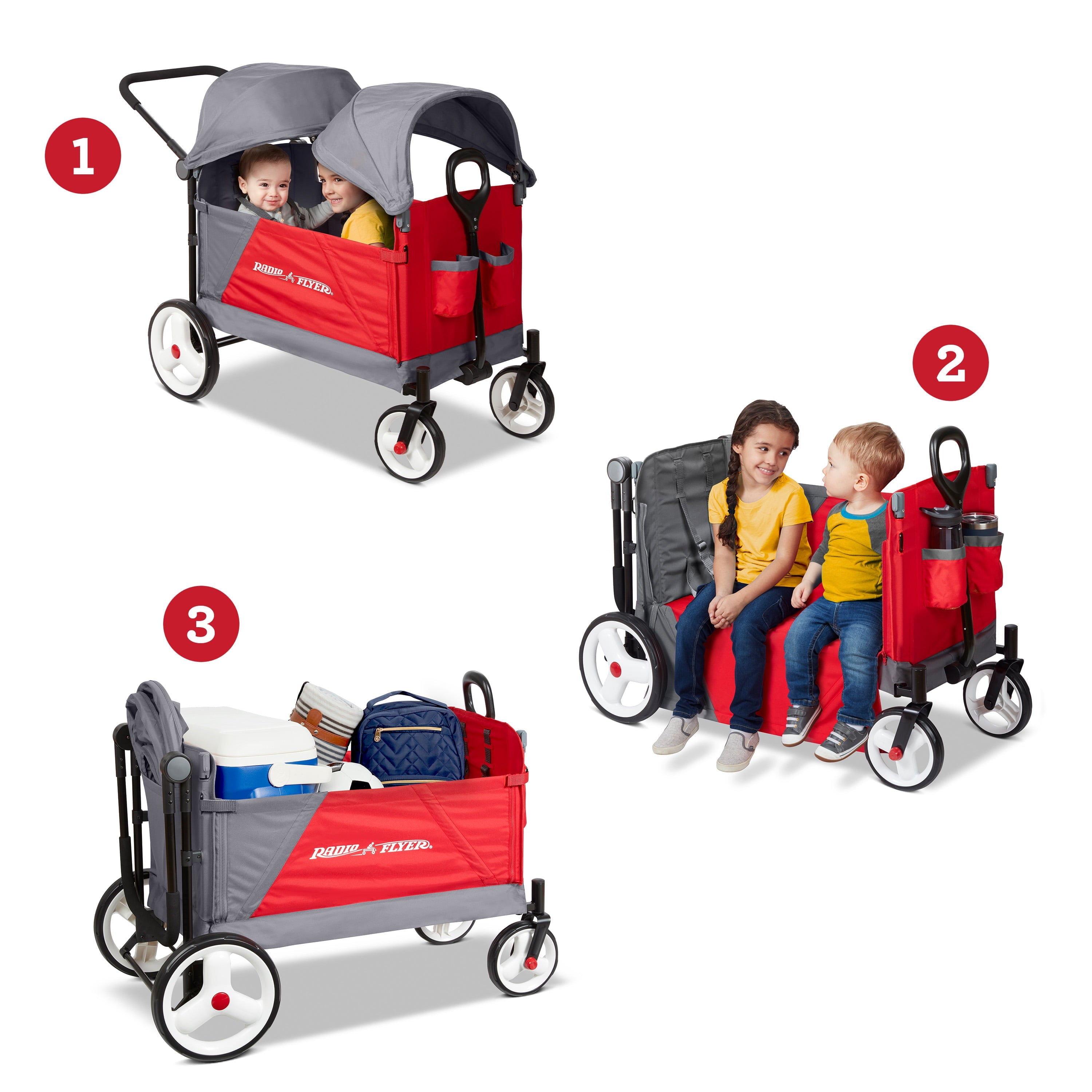 Radio Flyer, Discovery Stroll 'N Wagon with Canopies, Folding Wagon, Gray and Red