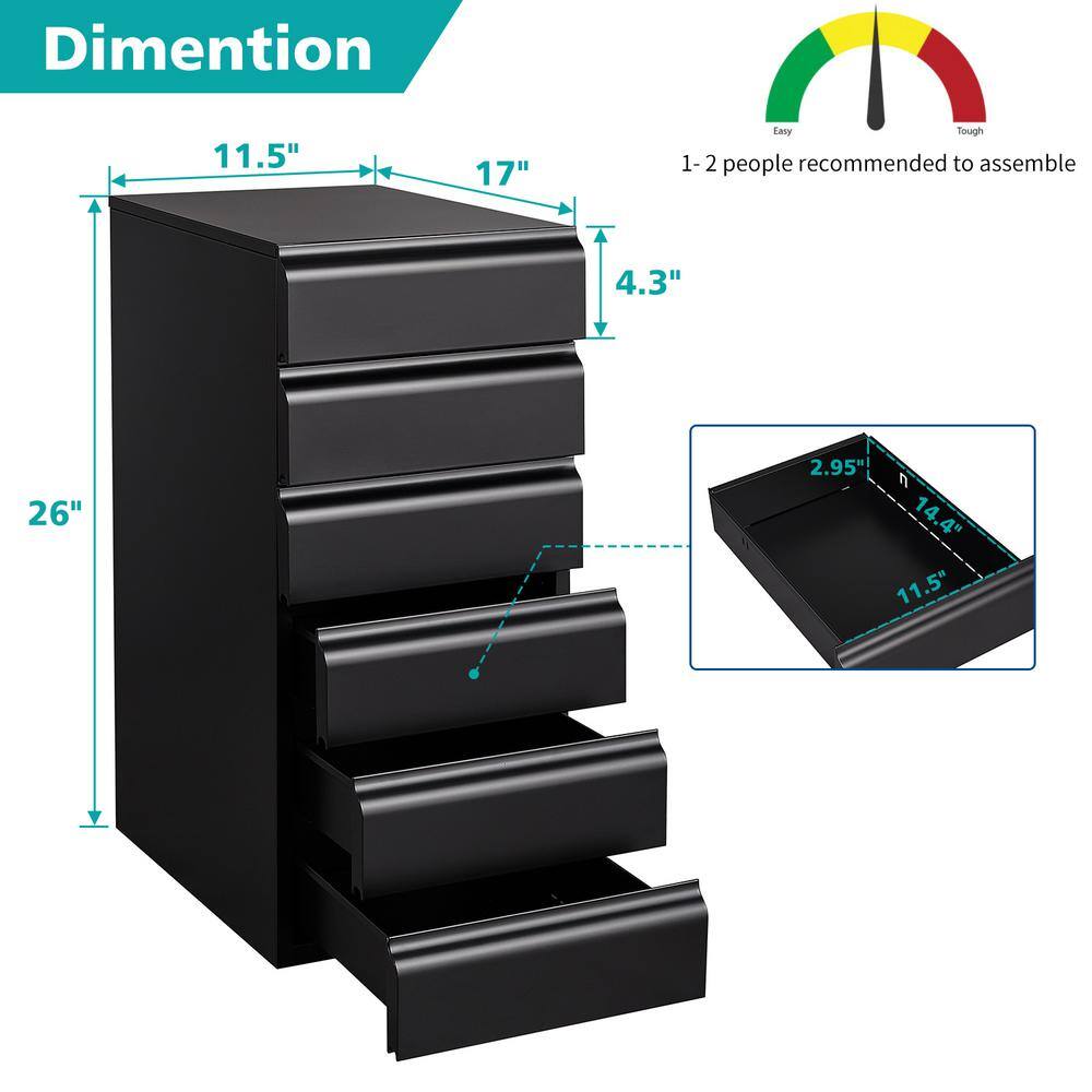 Mlezan 6 Drawer Metal Chest 16.5D x 11.8W x 25.6H Storage Cabinet in Black Under Desk Storage DBXL202228B