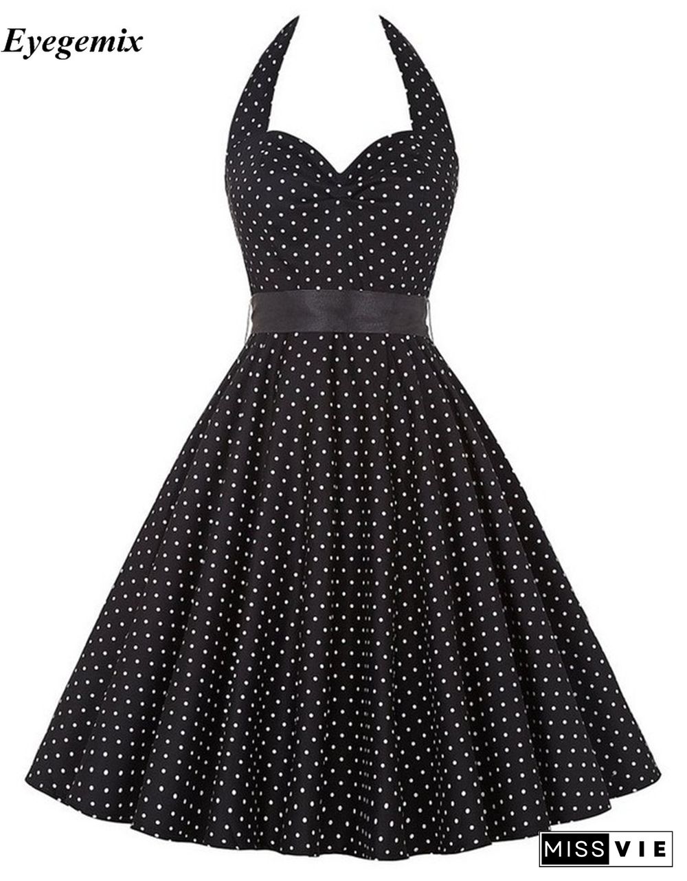 Women Polka Dot Print Summer Dress Sexy Retro White Black Halter Vintage Dress Robe Femme Pin Up 50S 60s Rockabilly Party Dress