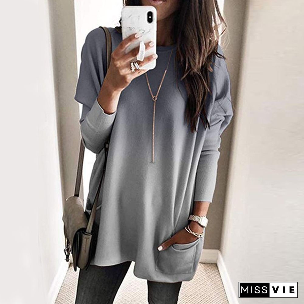 Women's Casual Long Sleeves Round Neck Pocketed T-shirts Loose Gradient Sweatshirt TunicTops Plus Size XS-5XL