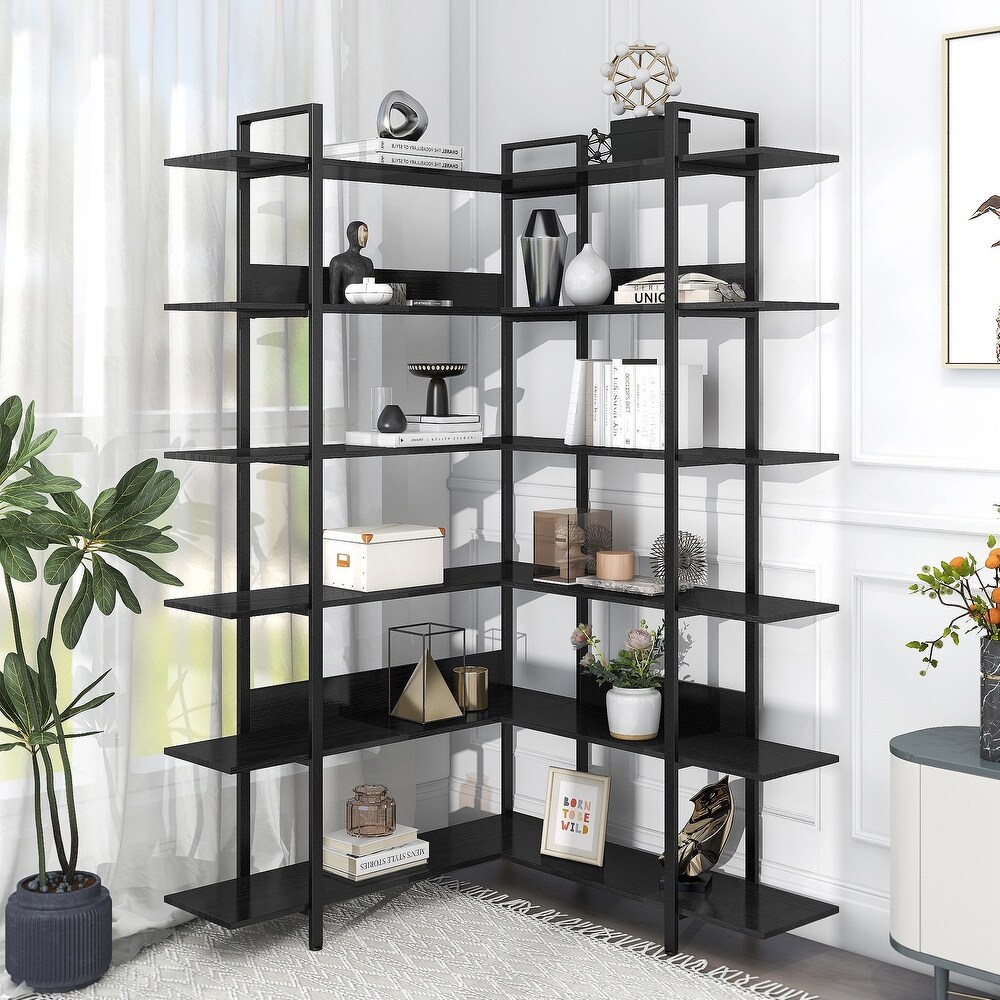 74.8 Inch Bookshelf L shape Stainless Steel Frame Corner 6 tier Shelves Adjustable Foot Pads