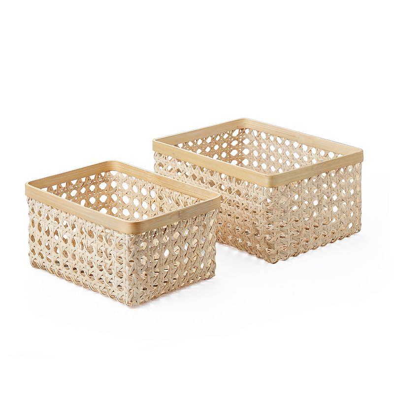 Saddle River Rectangular Natural Open Weave Cane Bamboo Rim Storage Bin 2-piece Set