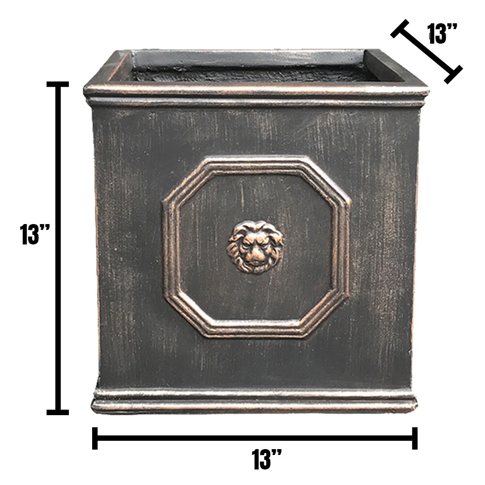 DurX litecrete Lightweight Concrete Lion Head Square Bronze Planter Medium   12.6'x12.6'x12.6'