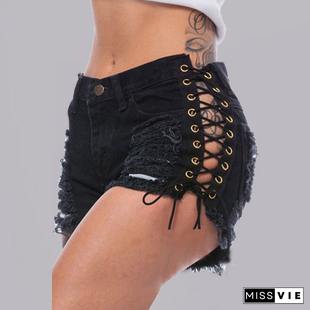 Women Elastic Destroyed Hole Sexy Bandage Hot Pants Short Pants Denim Shorts Ripped Jeans