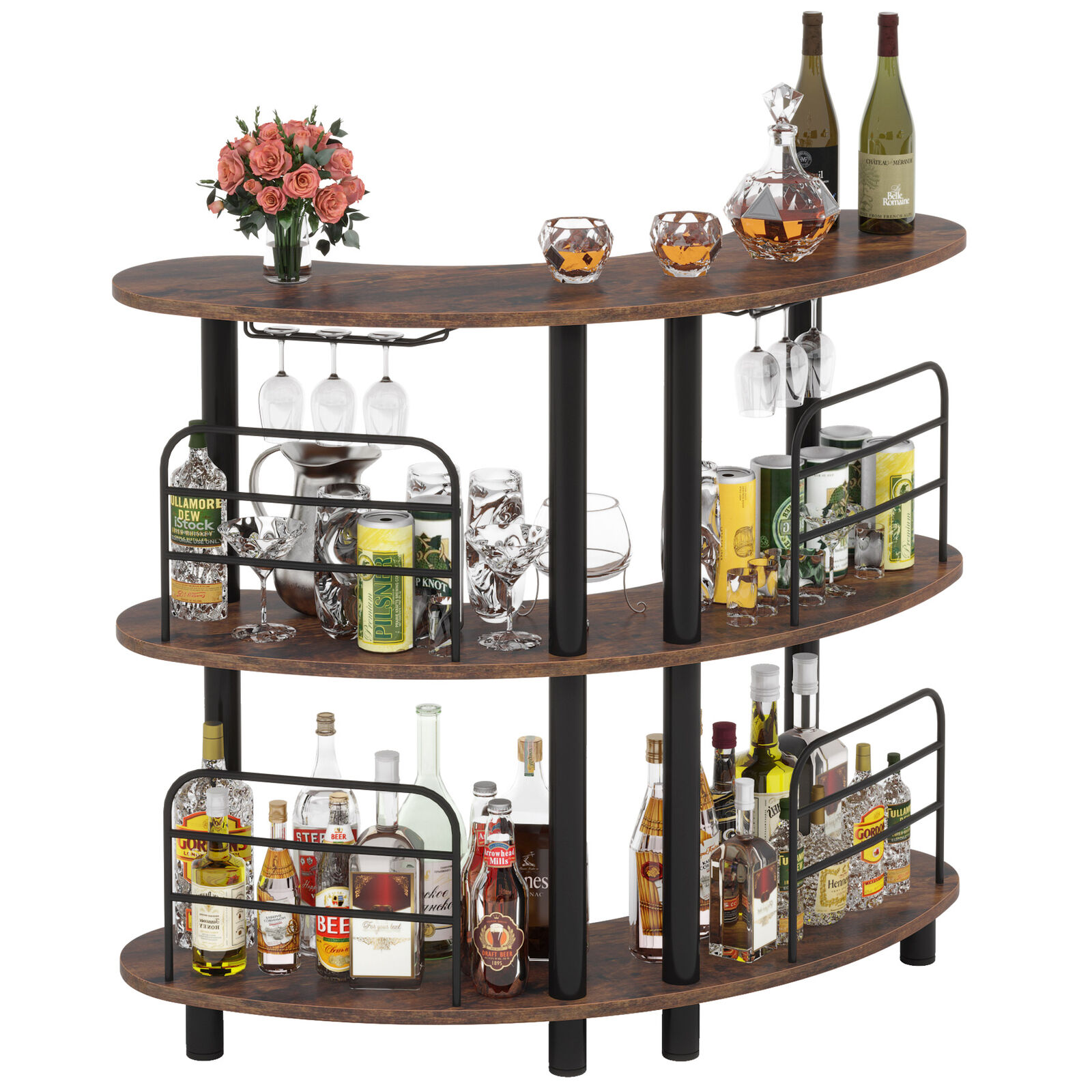 Tribesigns Bar Unit for Liquor 3 Tier Bar Table with Shelves and Wine Glasses Holder for Home Kitchen Rustic Brown