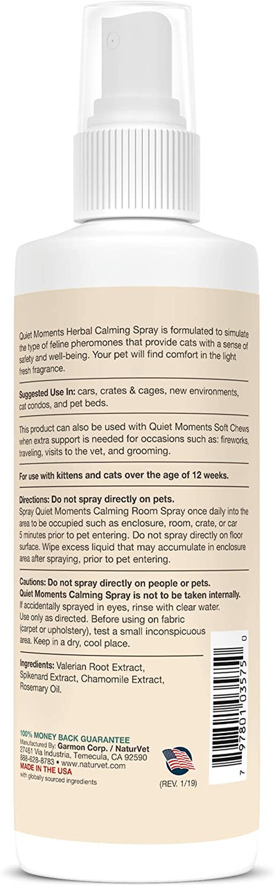 NaturVet Quiet Moments Cat Calming Room Spray， 8oz