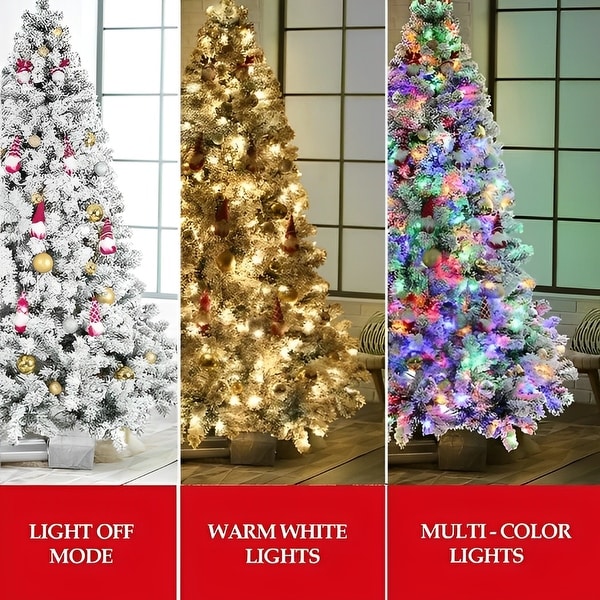 7.5ft SnowFlocked Artificial Pine Christmas Tree with DualColor 550 LED Lights，1500 Branch Tips and EasyAssembly Metal Base