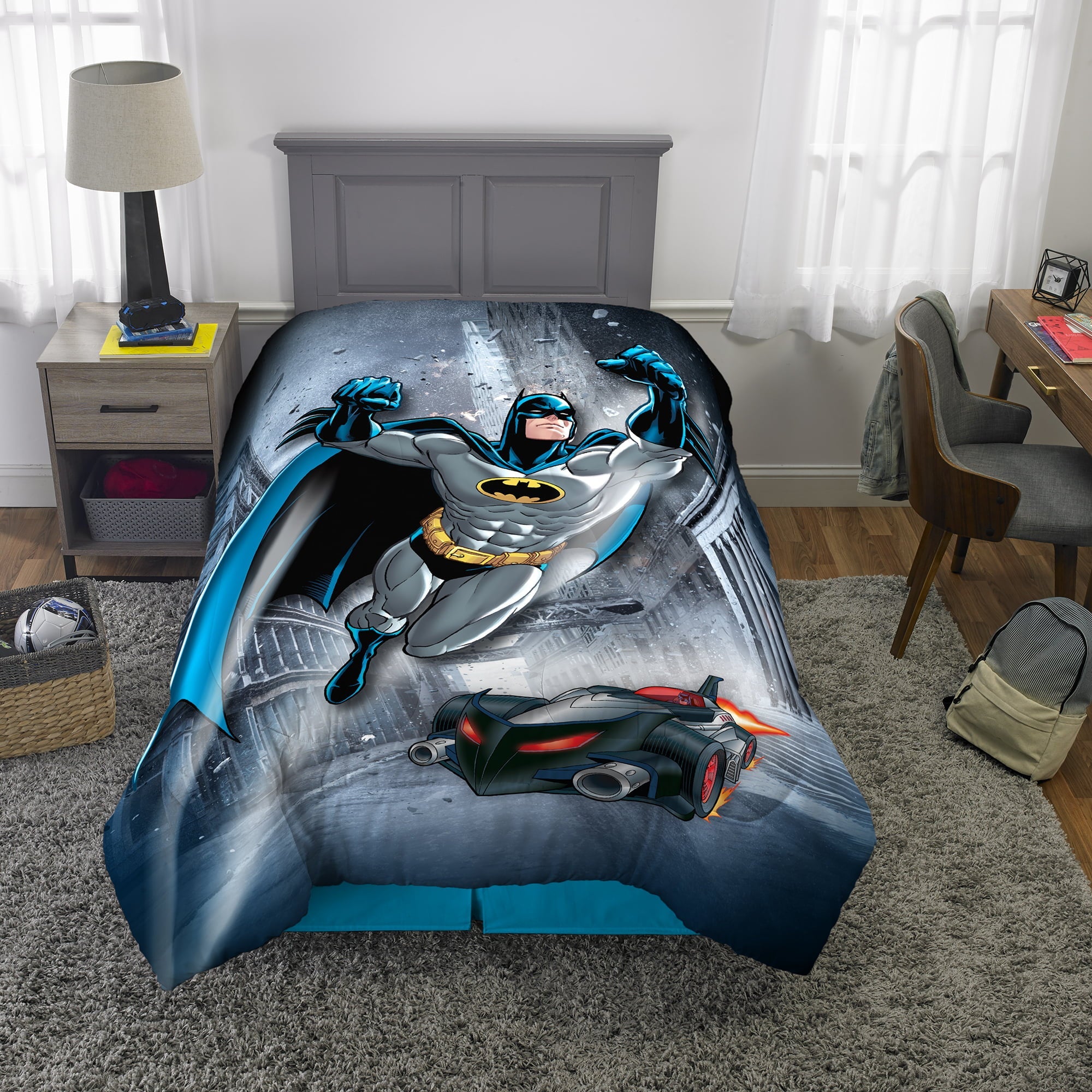 Batman Kids Twin Bed in a Bag, Comforter and Sheets, Gray, Warner Bros